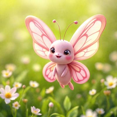 The primary subject of the image is a small, pink butterfly with big eyes, sitting in a field of flowers. The setting is a lush green field with white flowers, creating a serene and peaceful atmosphere. The visual style is a combination of digital art and illustration, giving the image a whimsical and charming appearance. The colors are predominantly pink and white, with the butterfly being the main focus of the scene.
